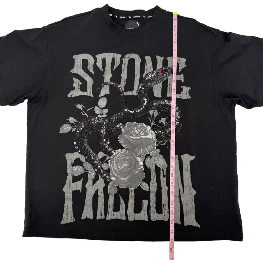 STONE FALCON XL T-Shirt Black Snake Rose Rhinestone Graphic Streetwear Tee - Picture 6 of 11